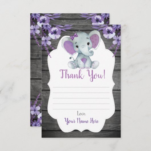 Carte de remerciement fille éléphant Shower fleurs (Devant / Derrière)