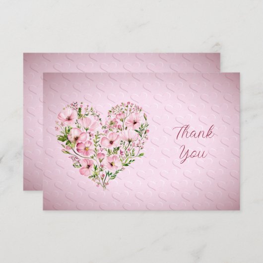 Carte de remerciement florale à cœur rose (Devant / Derrière)
