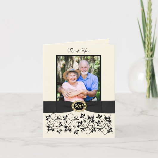 Carte de remerciement florale noir ivoire pour le (Devant)