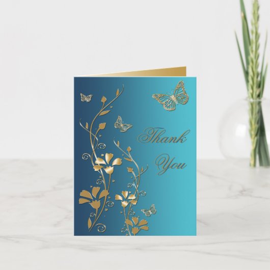 Carte de remerciement florale sarcelle et or (Devant)