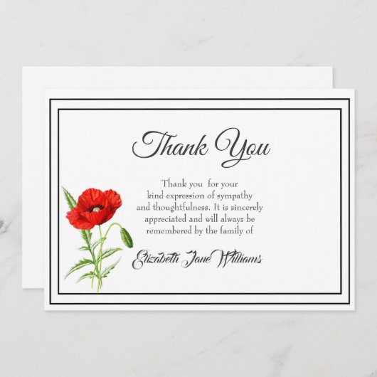 Carte de remerciement funéraire Sympathy | Poppy (Devant / Derrière)