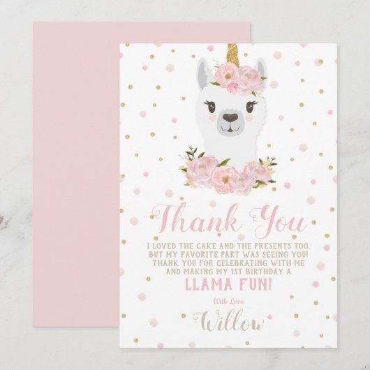 Carte de remerciement licorne lama fille florale r (Devant / Derrière)