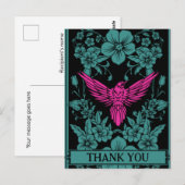 Carte de remerciement. Oiseau rose exotique, fleur (Devant / Derrière)