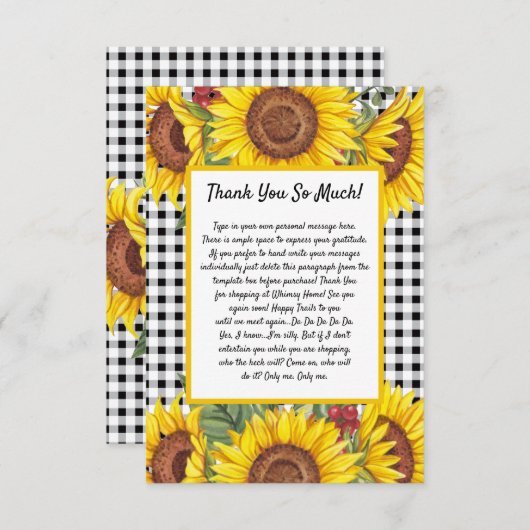 Carte de remerciement personnalisée – Gingham noir (Devant / Derrière)