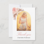 Carte de remerciement photo avec fleurs rose poudr (Devant)