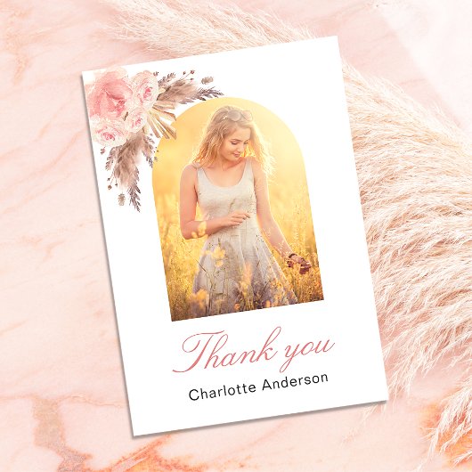 Carte de remerciement photo avec fleurs rose poudr