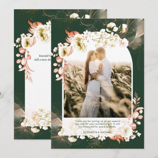 Carte de remerciement photo florale émeraude moder (Devant / Derrière)