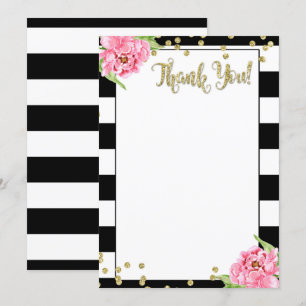 Carte de remerciement Pivoine rose noir et blanc