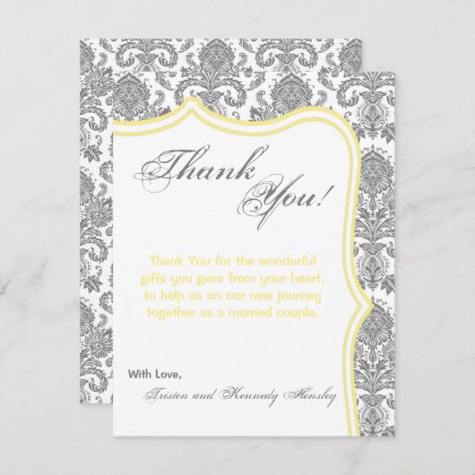 Carte de remerciement plate 4x5 gris jaune damassé (Devant / Derrière)