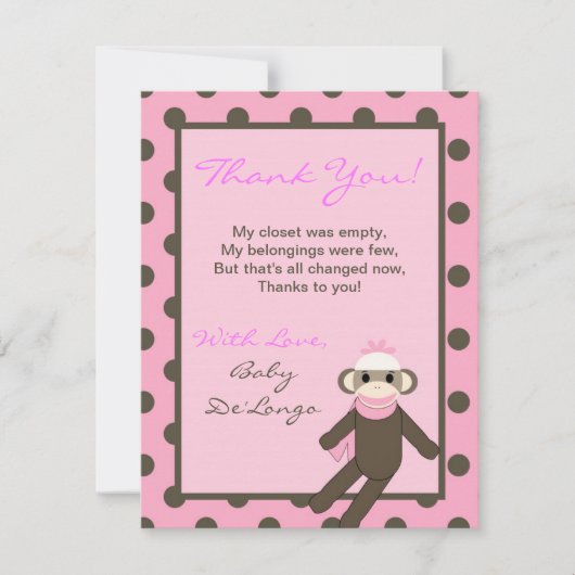 Carte de remerciement plate 4x5 singe chaussette r (Devant)