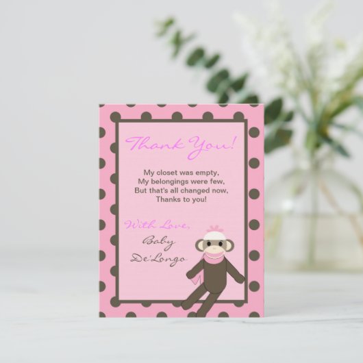 Carte de remerciement plate 4x5 singe chaussette r (Debout devant)
