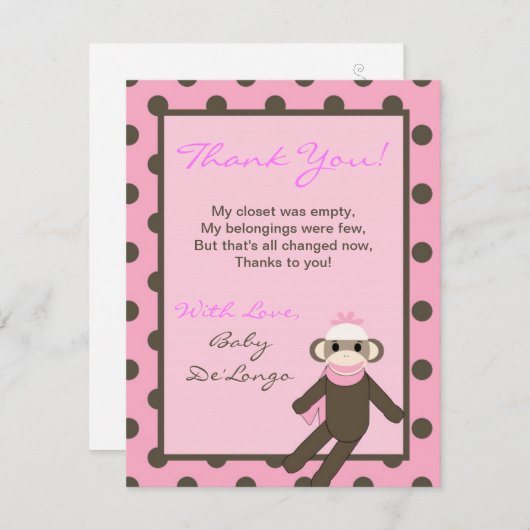 Carte de remerciement plate 4x5 singe chaussette r (Devant / Derrière)
