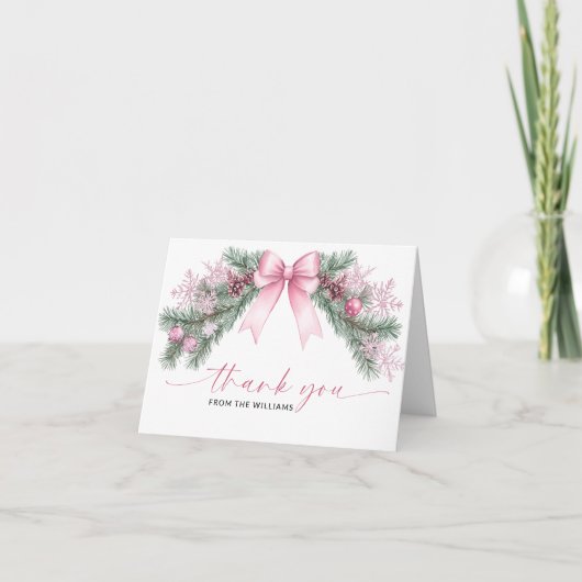 Carte de remerciement pliée Noël Ruban Rose (Devant)