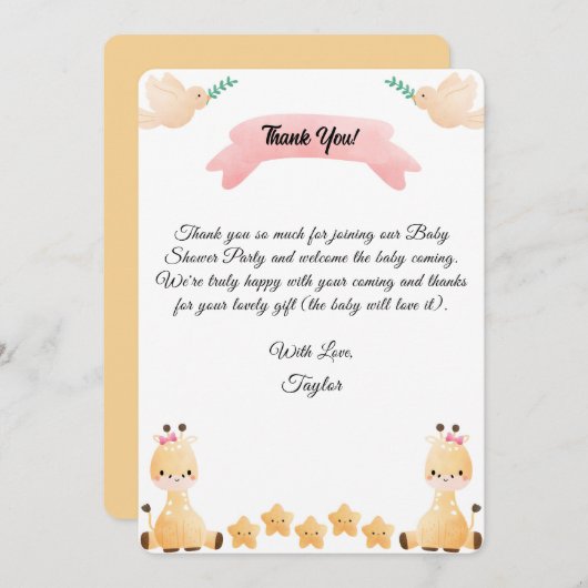 Carte de remerciement pour Baby Shower de girafe m (Devant / Derrière)