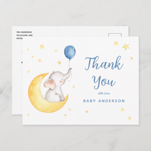 Carte de remerciement pour Baby Shower Éléphant et (Devant / Derrière)