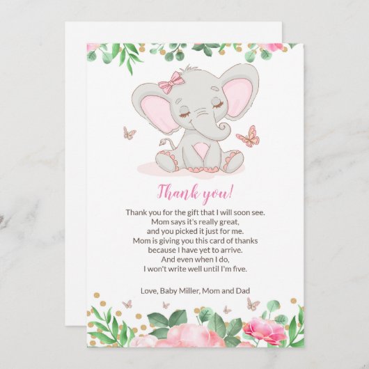 Carte de remerciement pour Baby Shower Éléphant Ro (Devant / Derrière)