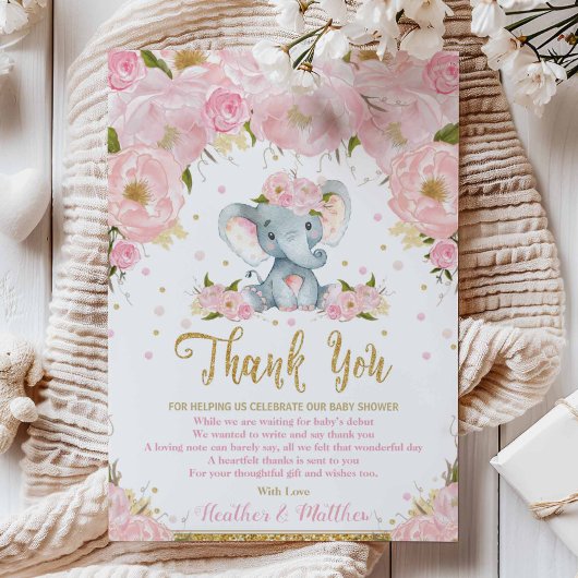 Carte de remerciement pour Baby Shower Fille Éléph