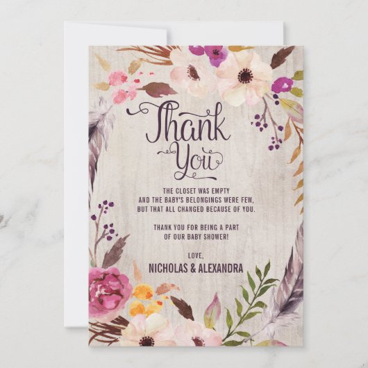Carte de remerciement pour Baby Shower Floral Boho (Devant)