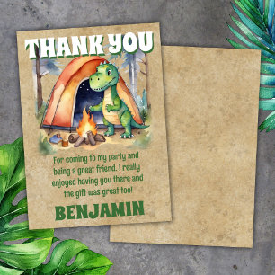 Carte de remerciement pour fête de camping dinosau