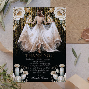Carte de remerciement Quinceañera Luxe Noir Ivoire