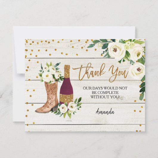 Carte de remerciement rustique Boots and Bubbly (Devant)