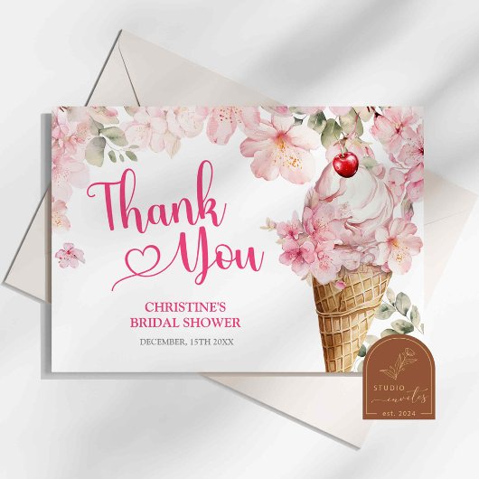 Carte de remerciement thème glace rose florale d'é