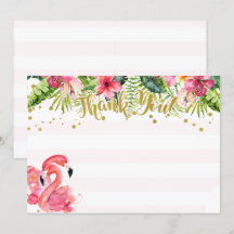 Carte de remerciement tropical flamant rose et or