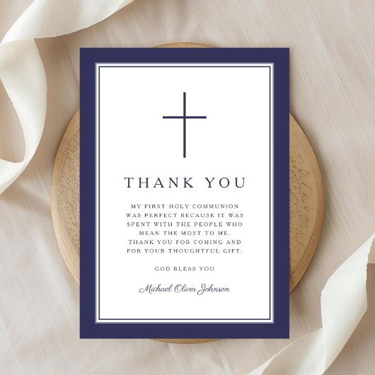Carte De Remerciements 1Elegant Navy Blue Cross Boy First Communion