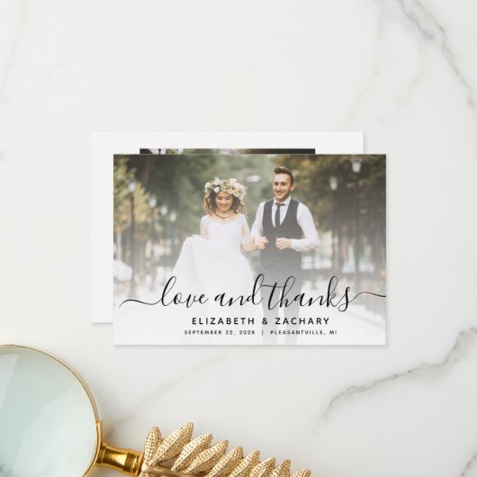 Carte De Remerciements 2-Photo Mariage Script Black (Devant/Arrière en situation)