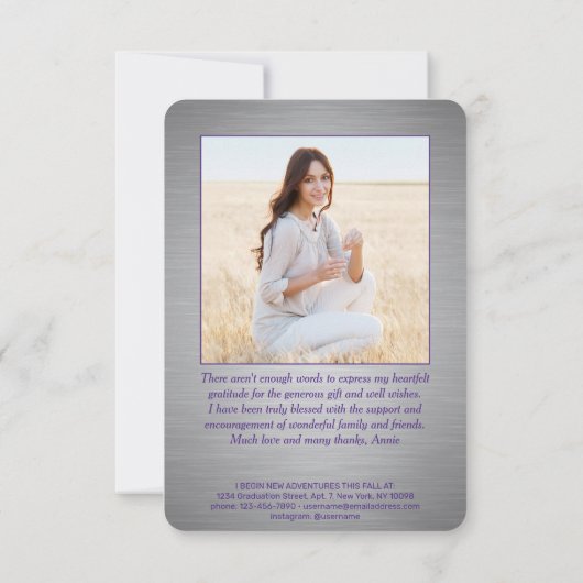 Carte De Remerciements 2 Photo Nouvelle Adresse Brossé Purple Graduation (Dos)