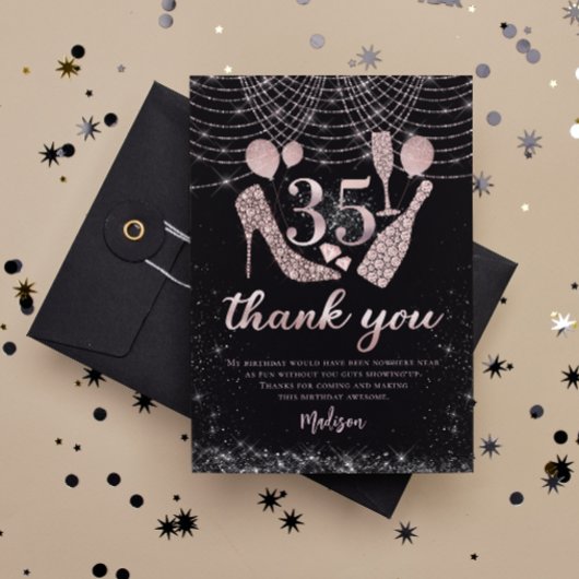 Carte De Remerciements 35e anniversaire Rose Gold & Black Parties scintil