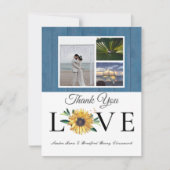 Carte De Remerciements 3 Collage photo Sunflower Dusty Mariage en bois bl (Devant)
