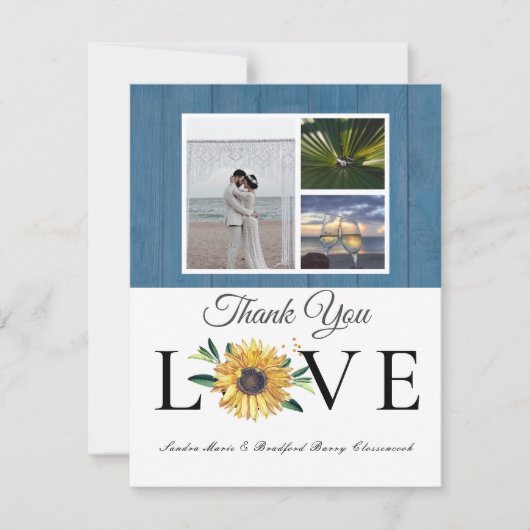 Carte De Remerciements 3 Collage photo Sunflower Dusty Mariage en bois bl (Devant)