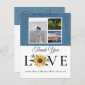 Carte De Remerciements 3 Collage photo Sunflower Dusty Mariage en bois bl (Devant / Derrière)