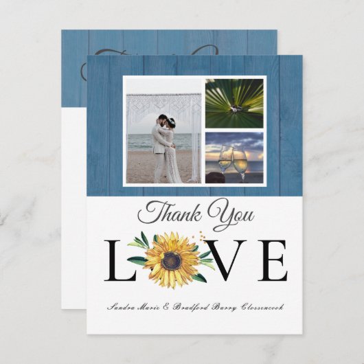 Carte De Remerciements 3 Collage photo Sunflower Dusty Mariage en bois bl (Devant / Derrière)