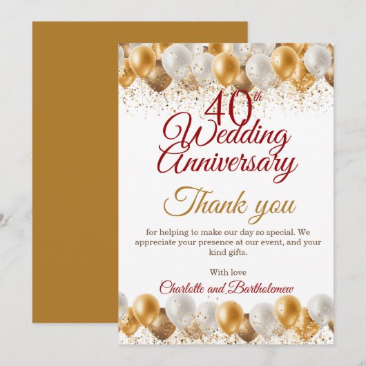 Carte De Remerciements 40e fête du Mariage (Devant / Derrière)