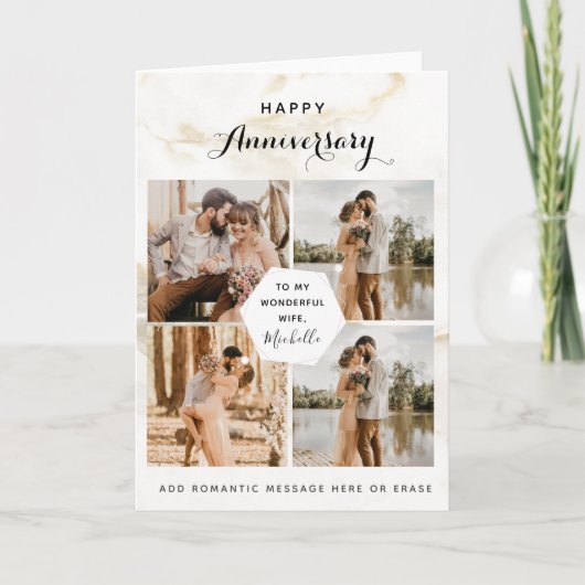 Carte De Remerciements 4 Photo Collage Mariage Anniversaire Marbre Chic (Devant)
