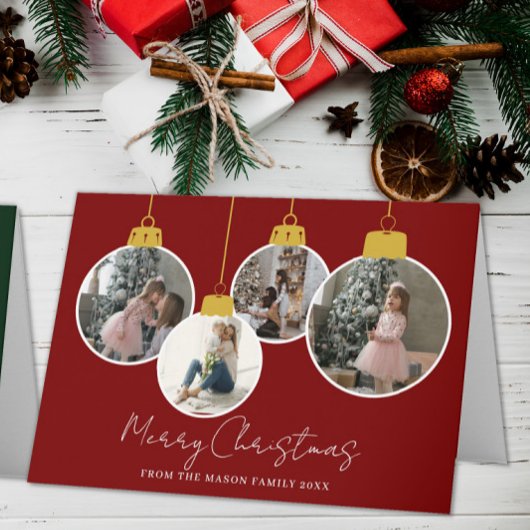 Carte De Remerciements 4 photo Merry Christmas bauble Photo Card