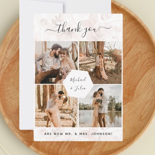 Carte De Remerciements 4 photos Collage Fleurs roses Mariage Remerciement