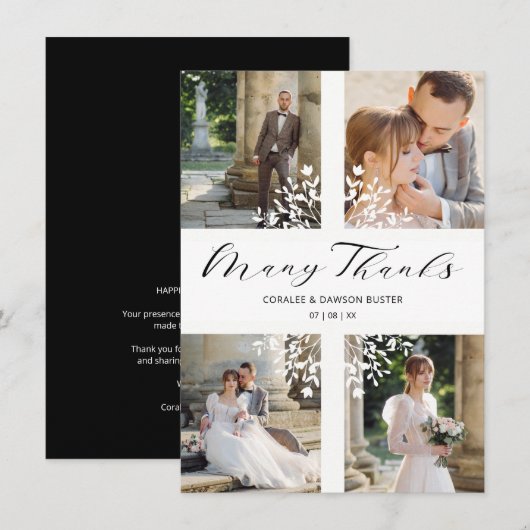 Carte De Remerciements 4 Photos Collage Minimalist Branches Wedding (Devant / Derrière)
