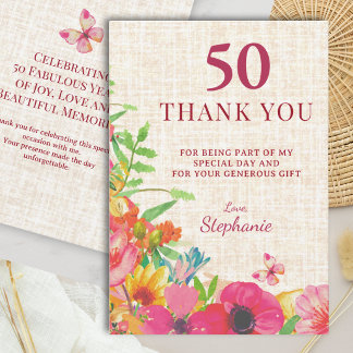 Carte De Remerciements 50e Anniversaire Bold Floral Linen Remerciement