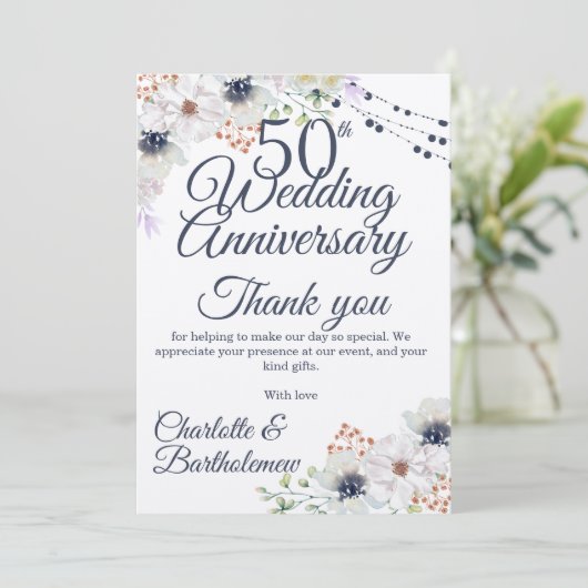 Carte De Remerciements 50e anniversaire de Mariage Rustique Floral Kraft (Debout devant)