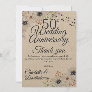 Carte De Remerciements 50e anniversaire de Mariage Rustique Floral Kraft
