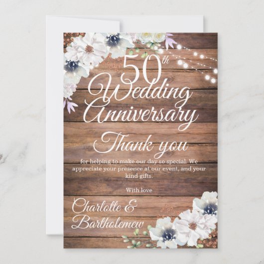 Carte De Remerciements 50e anniversaire du Mariage Floral rustique (Devant)