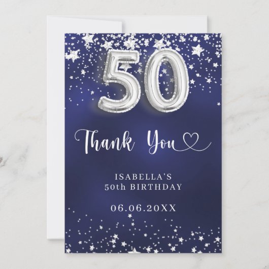 Carte De Remerciements 50e anniversaire marine bleu argent étoiles (Devant)