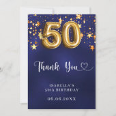 Carte De Remerciements 50e anniversaire marine bleu or étoiles (Devant)