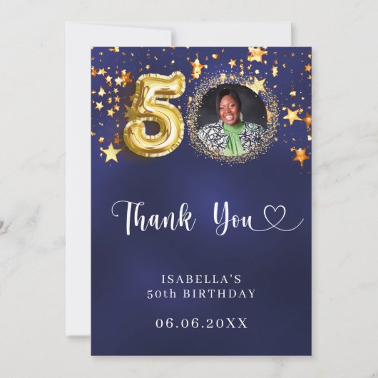 Carte De Remerciements 50e anniversaire marine bleu or étoiles photo (Devant)