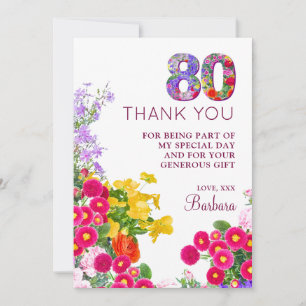 Carte De Remerciements 80e anniversaire floral moderne 80 ans fête