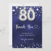 Carte De Remerciements 80e anniversaire marine bleu argent étoiles (Devant)