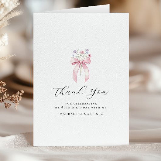 Carte De Remerciements 80e anniversaire Pink Bow Fleur sauvage plié